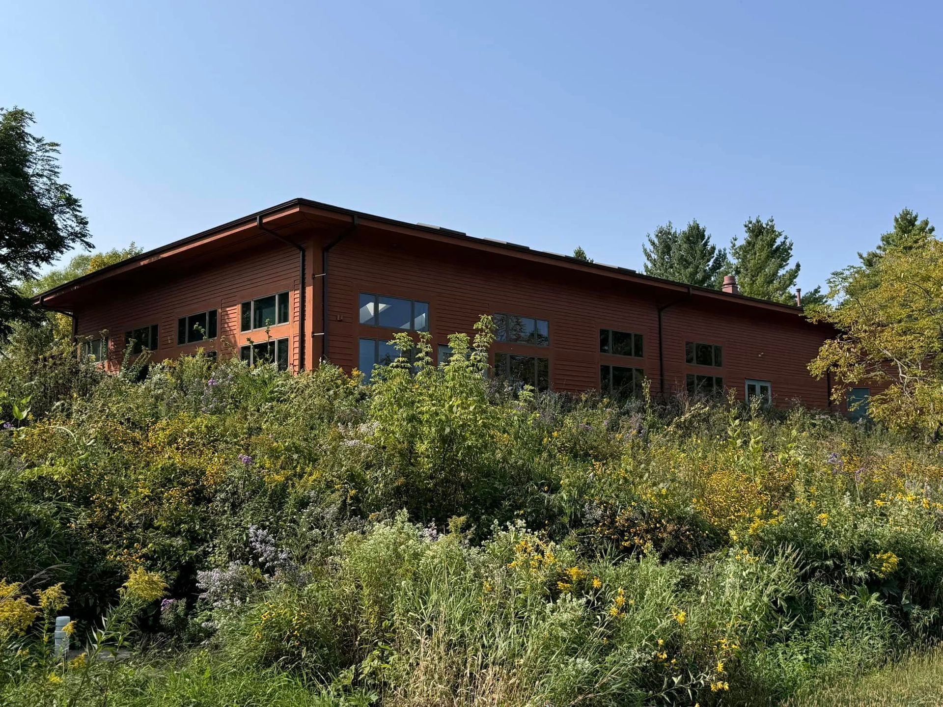 Brown building with large windows sits on a grassy hill; blue sky in background.