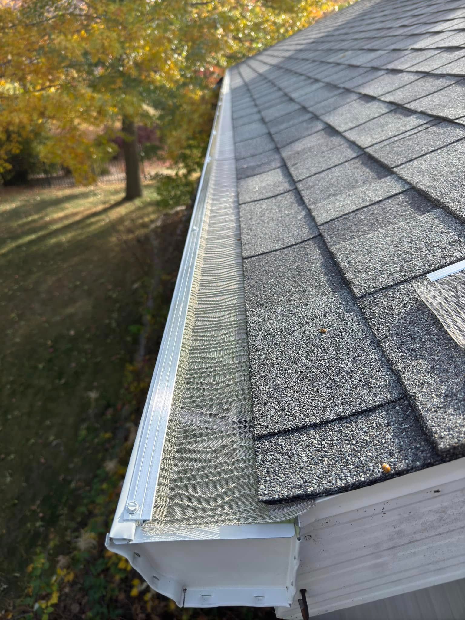 Gutter system with silver mesh, attached to a gray shingled roof, set against a backdrop of trees with fall foliage.