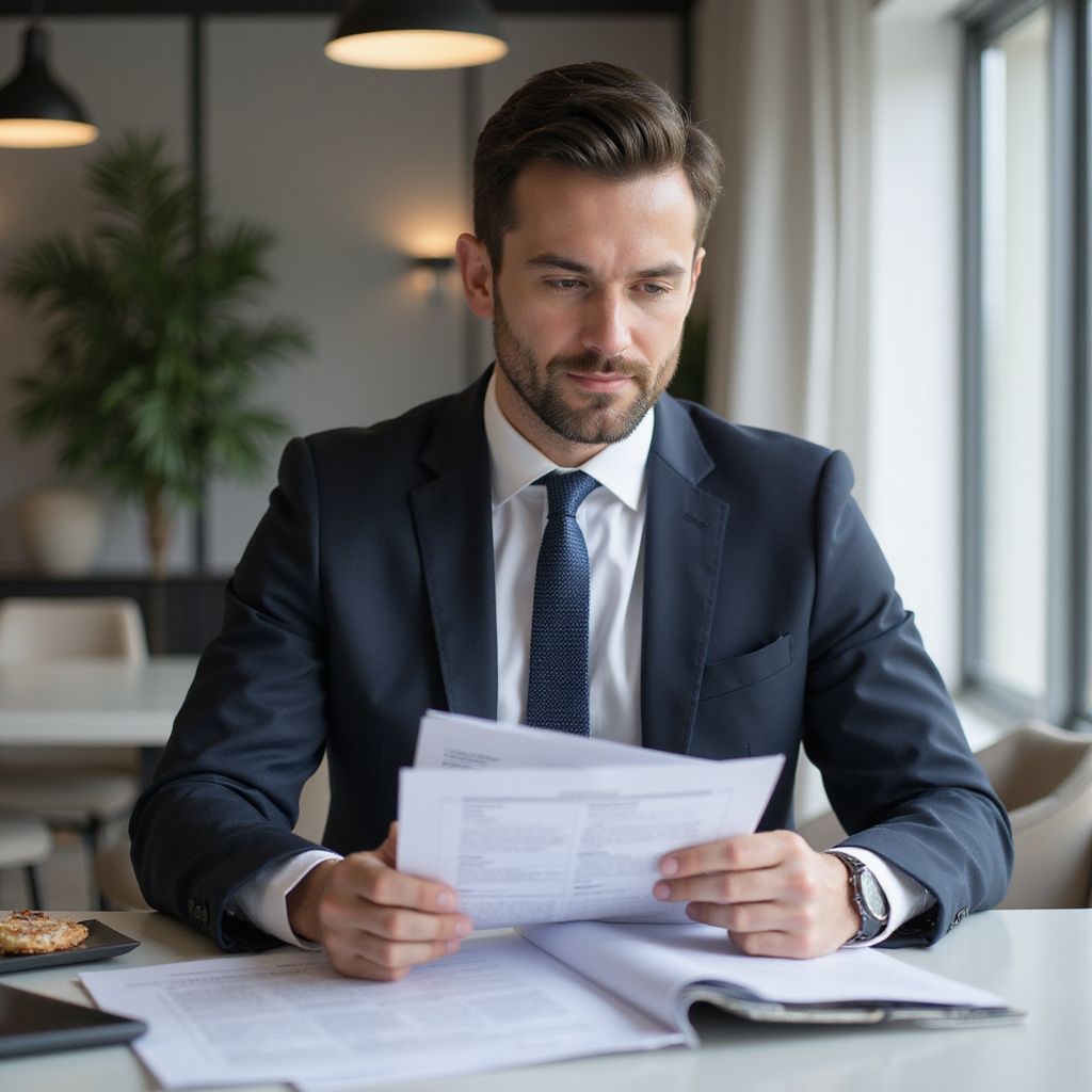 Man in suit reviewing documents at a table near a window.