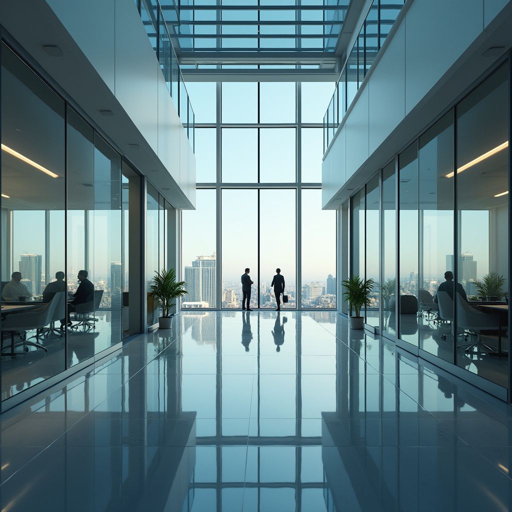 Modern office interior with large windows, people working, and city view.