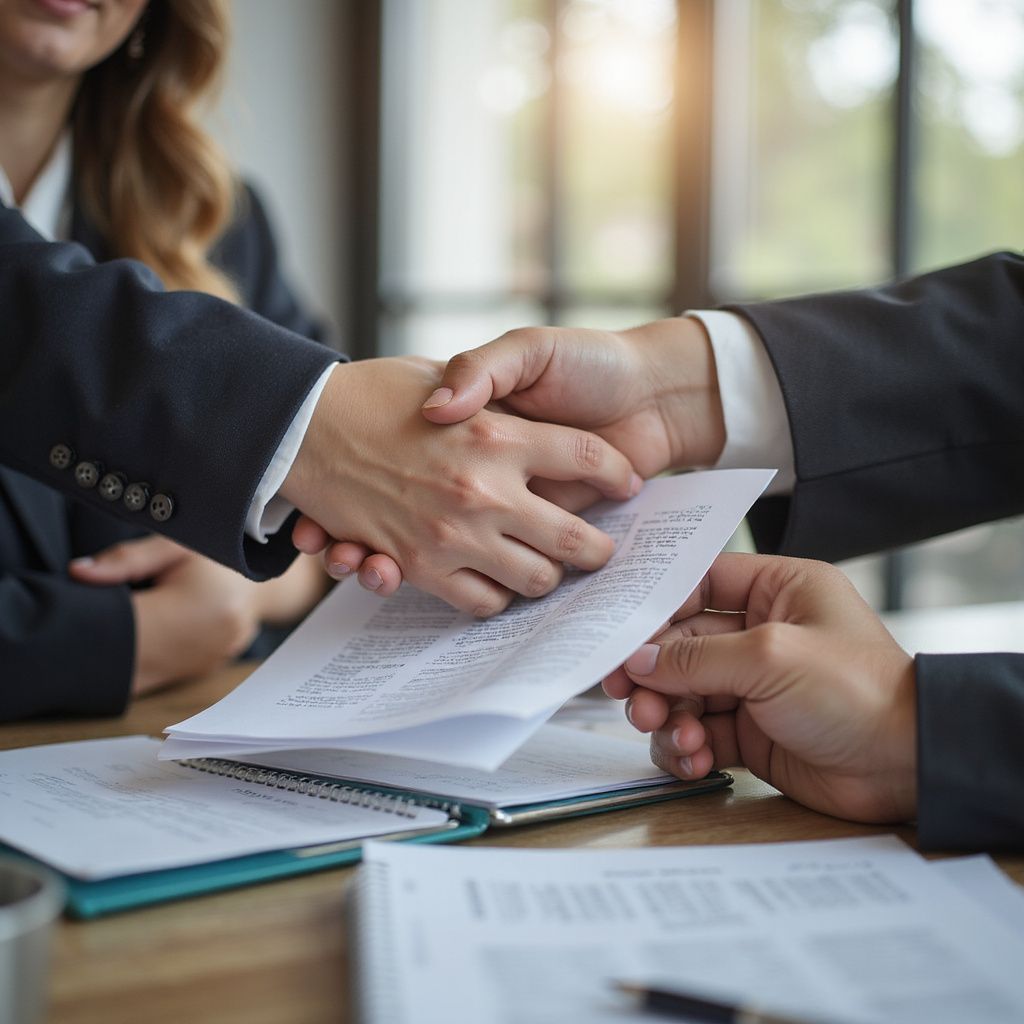 Two people shaking hands over documents at a table; business deal.
