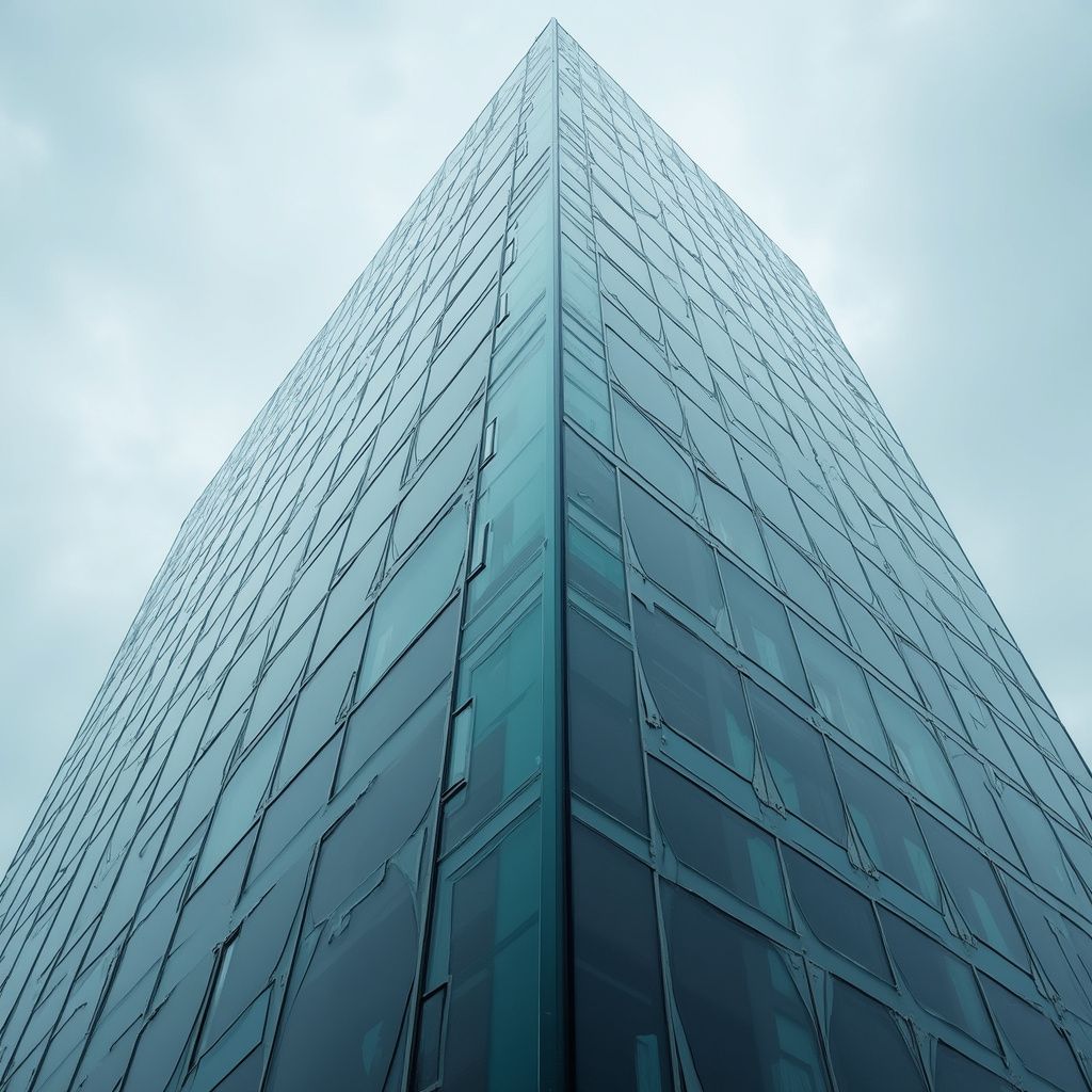A tall, modern building with many glass windows, viewed from a low angle under a cloudy sky.