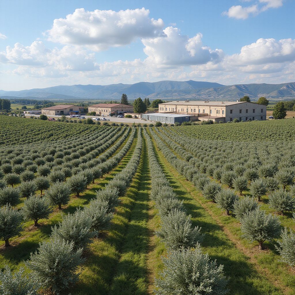 Rows of olive trees lead to a building with mountains and a blue sky in the background.
