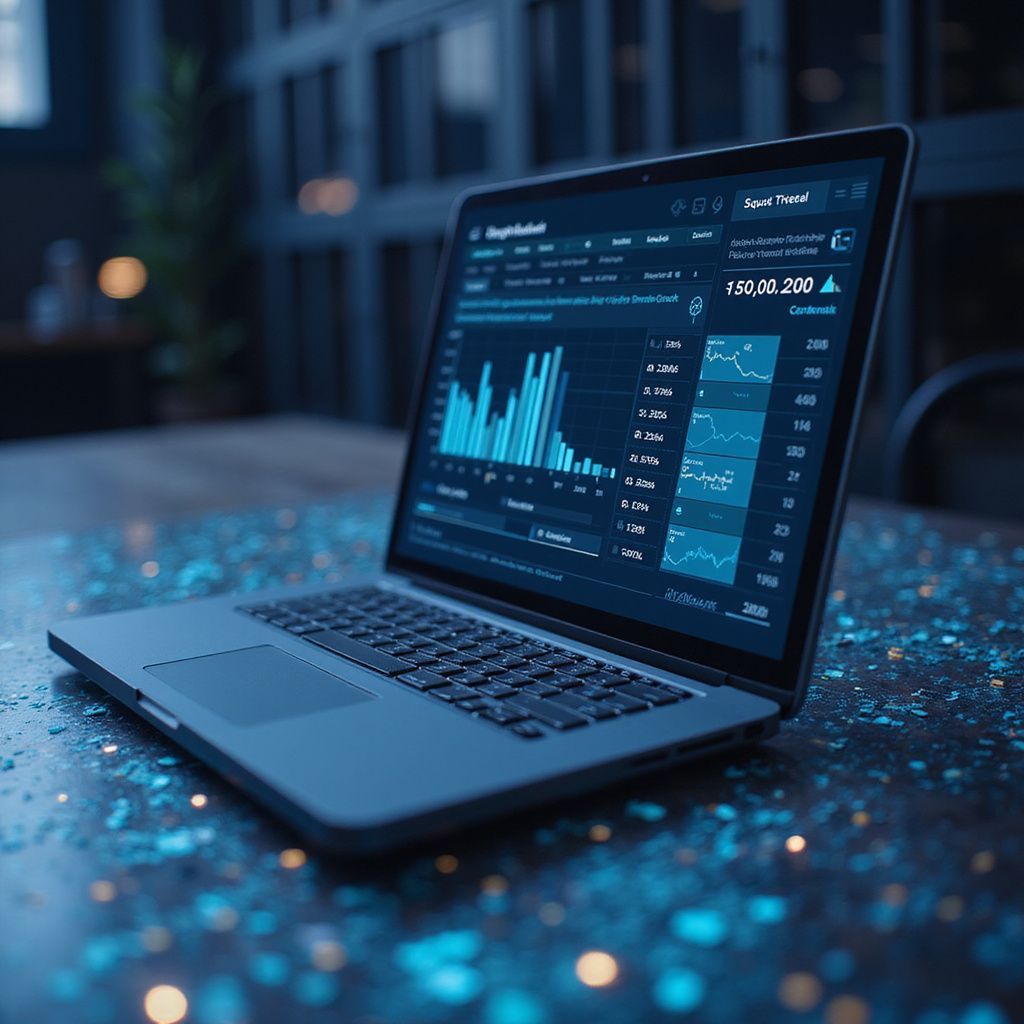 Laptop displaying financial data charts on a table. Blue color scheme with blurred lights in background.