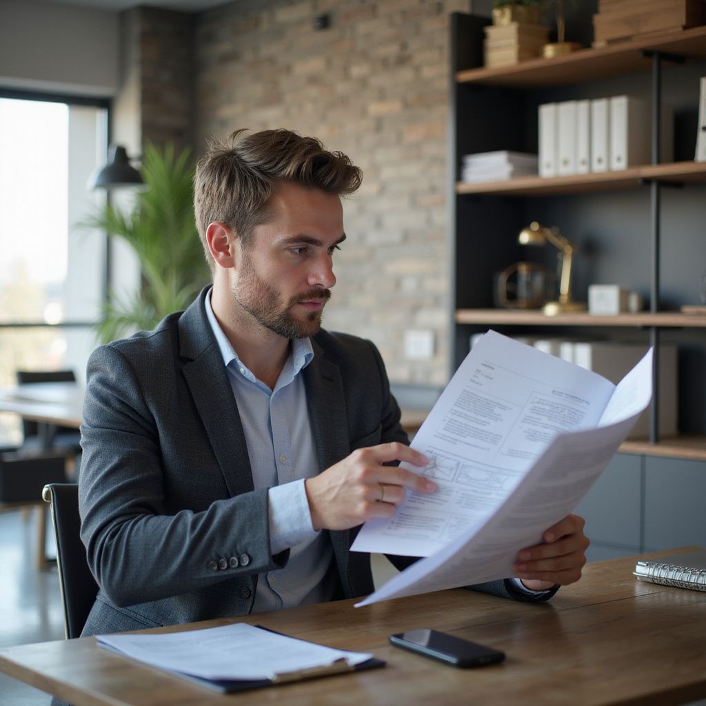 Man in suit examines paperwork at a desk in an office.