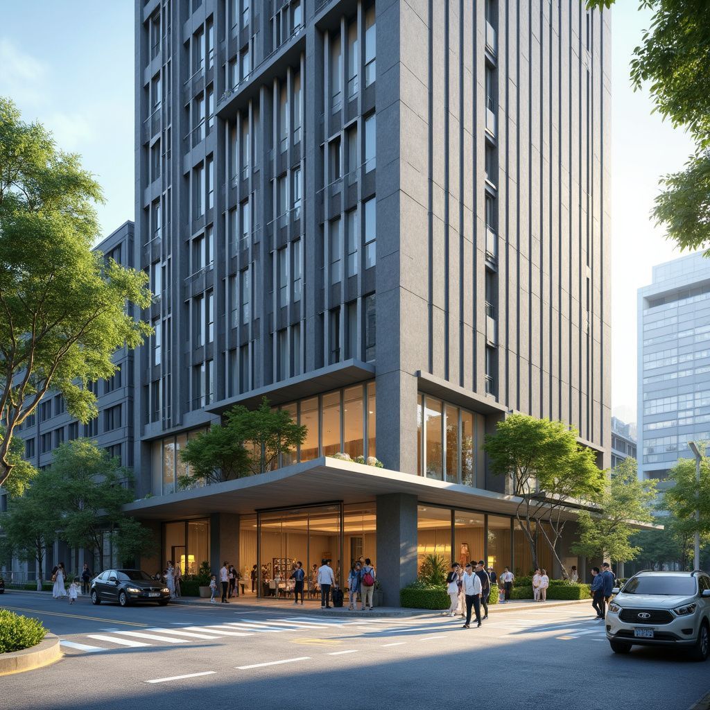 Modern high-rise building with a glass-walled ground floor and pedestrians, trees, and cars on a city street.
