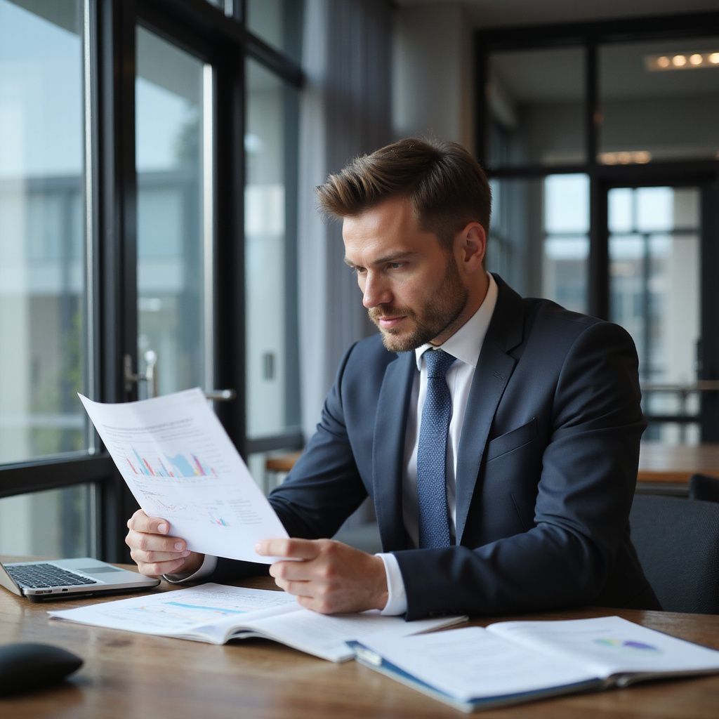 Man in a suit looking at financial reports in a modern office with large windows.