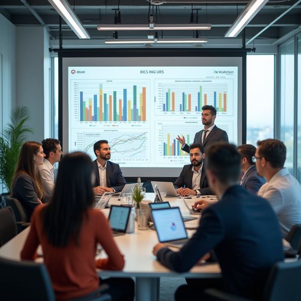Business presentation in a modern office. A man points to graphs on a screen, addressing colleagues seated around a table.