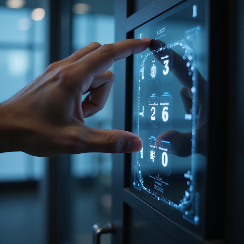 Hand touching a glowing digital screen with elevator floor numbers: 3, 6, and 0.