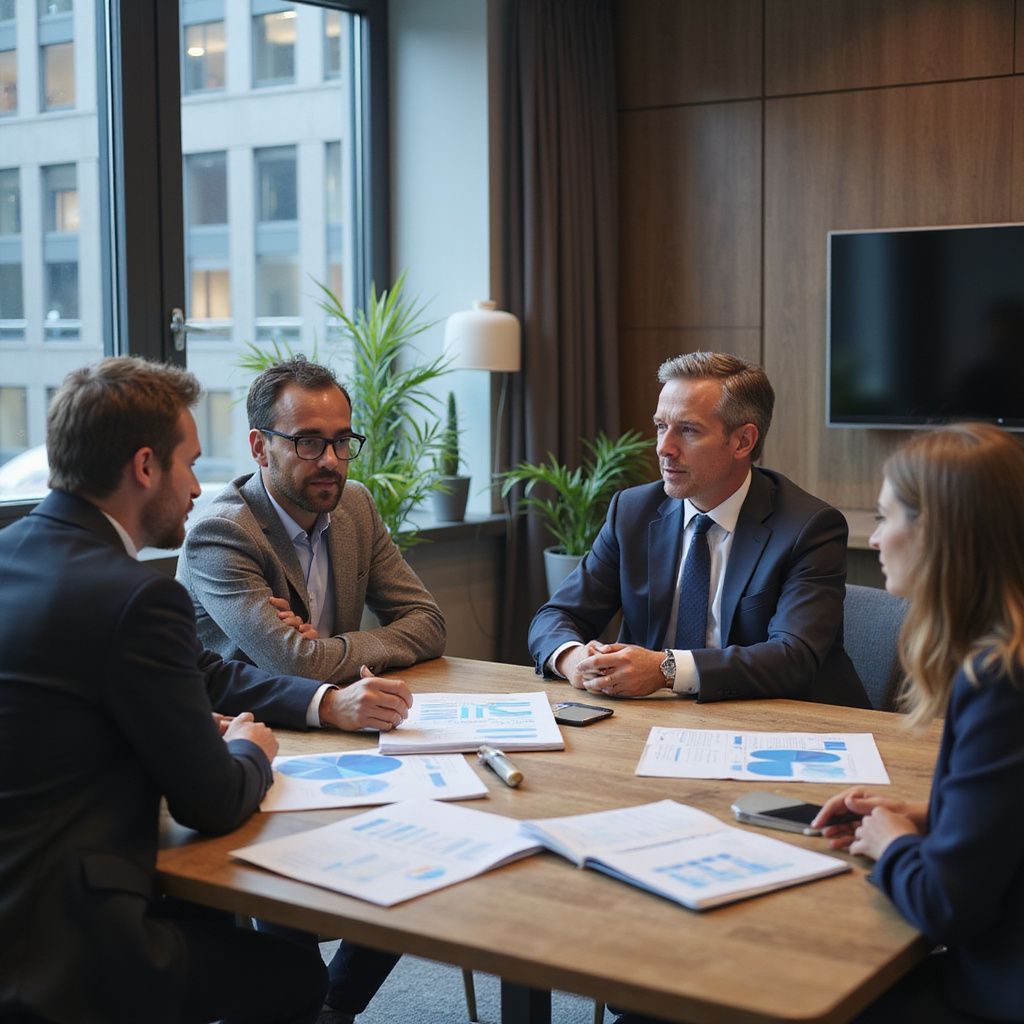 Four businesspeople in suits at a table, discussing charts, in a modern office.