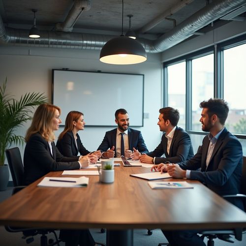 People in business attire at a conference table in an office, engaged in a discussion.