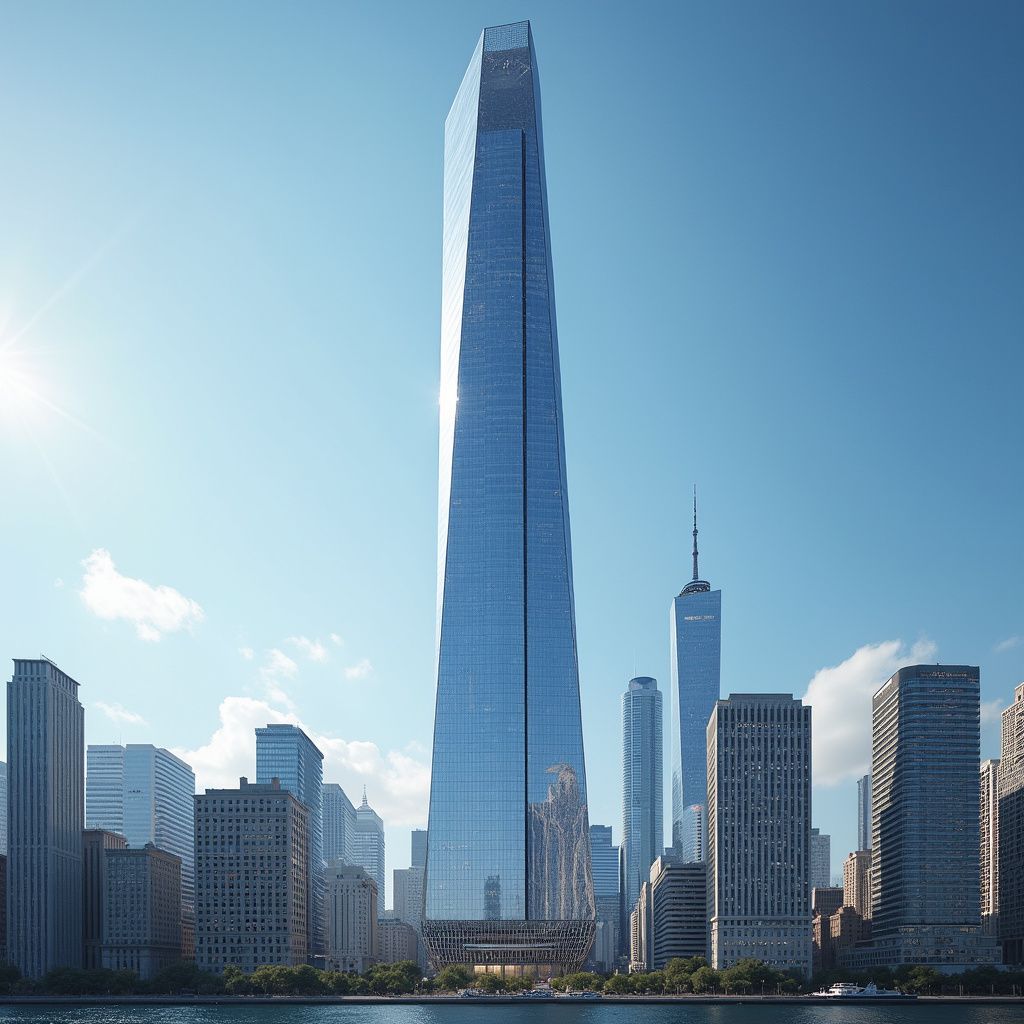 A tall, glass skyscraper dominates the New York City skyline, with other buildings and blue sky visible.