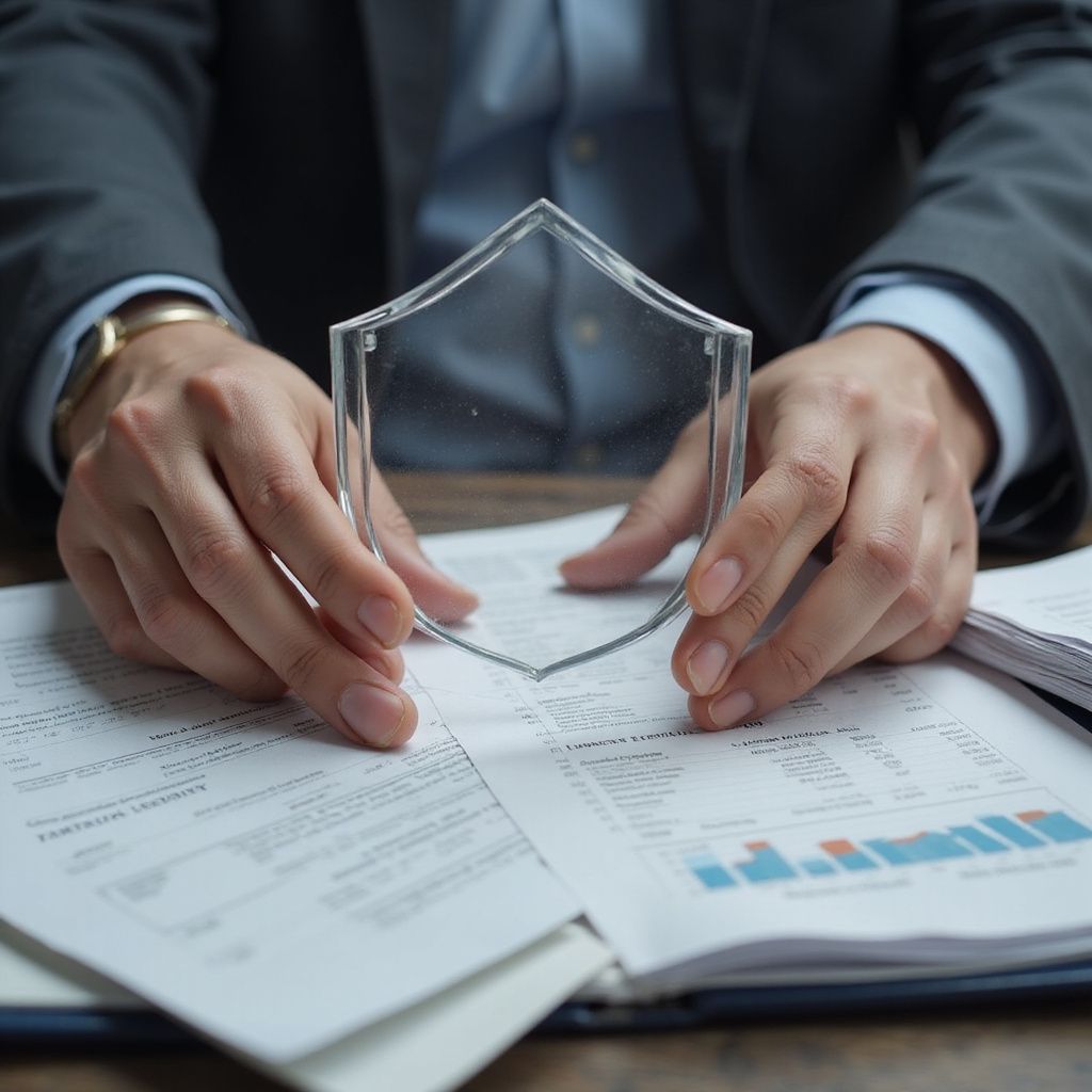 Person holding a clear shield over financial documents, possibly for protection.