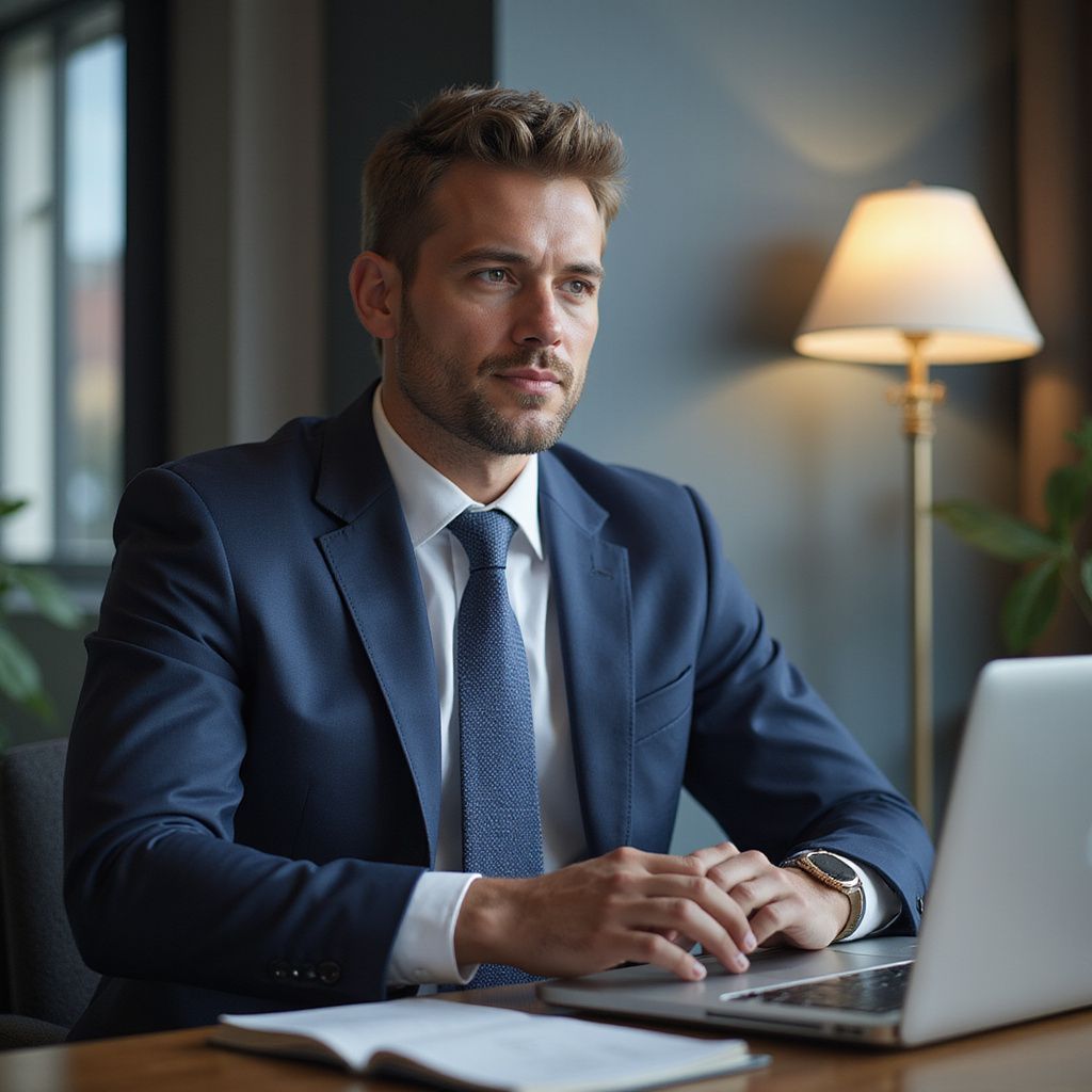 Man in blue suit, looking focused, sitting at a desk with a laptop and notebook.