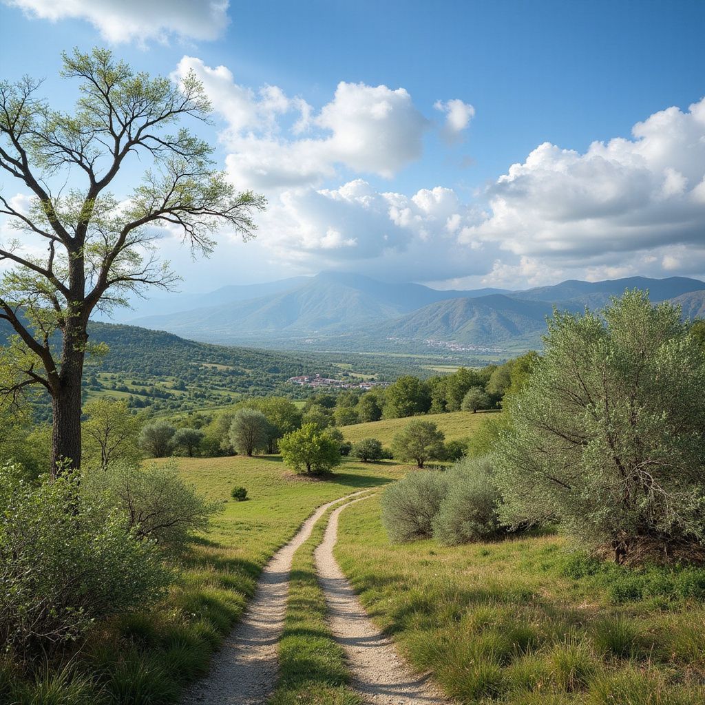 Dirt path through a green field leads to distant mountains under a blue sky with fluffy clouds.