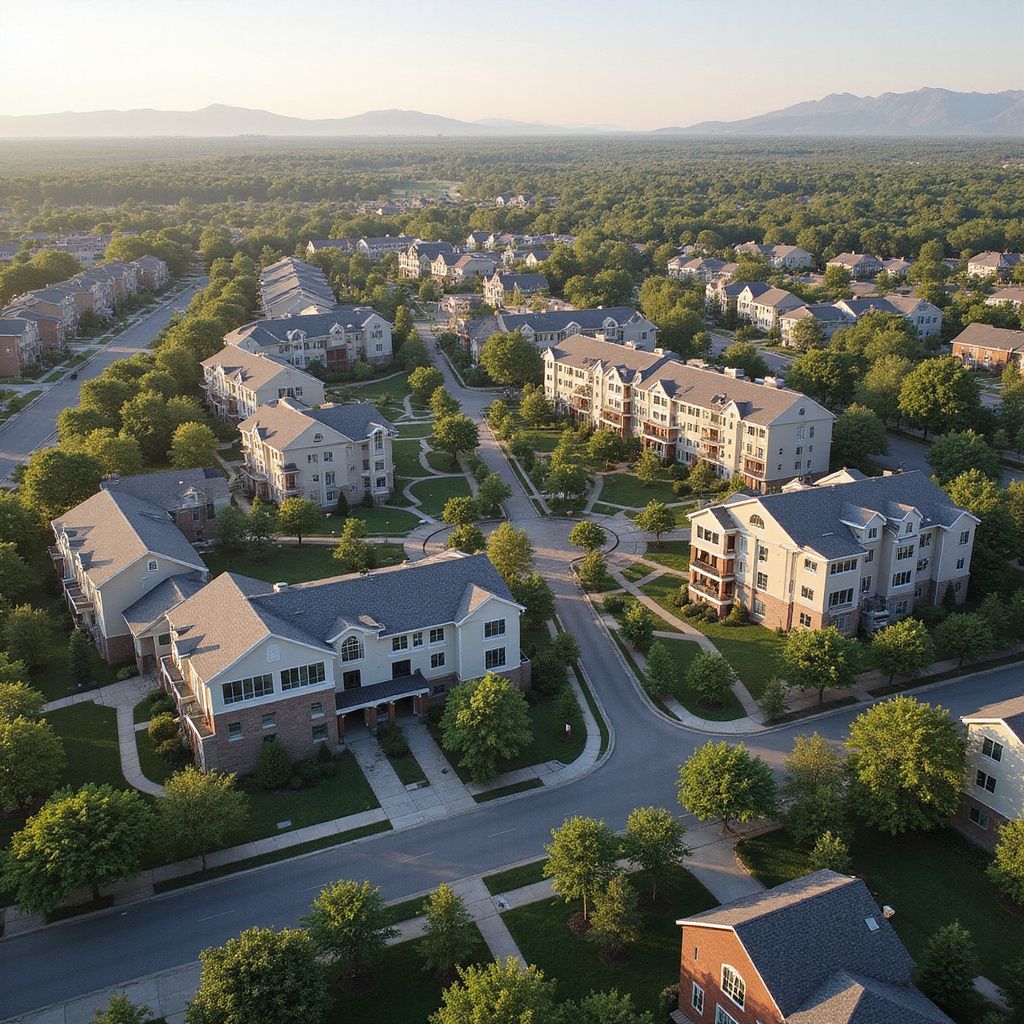 Aerial view of a suburban neighborhood with light-colored buildings and green trees under a soft, golden sunlight.