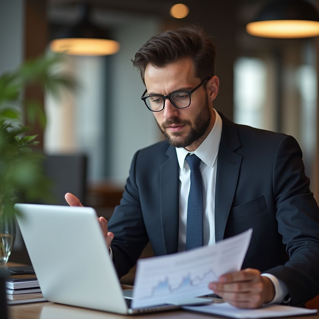 Man in suit, glasses, analyzing documents and laptop in a modern office setting.