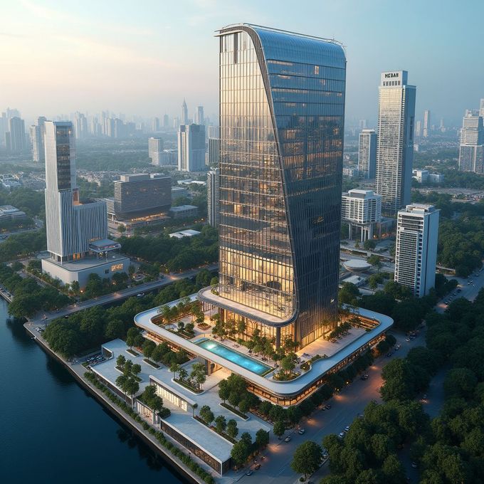 Modern high-rise building with a curved glass facade, by a river, with city skyline in the background.