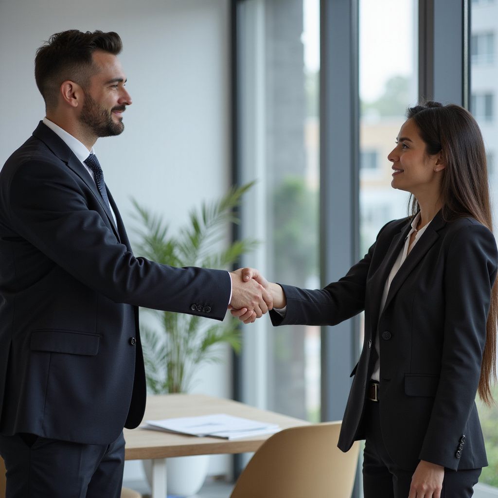 Man and woman in suits shaking hands, smiling, in an office setting.
