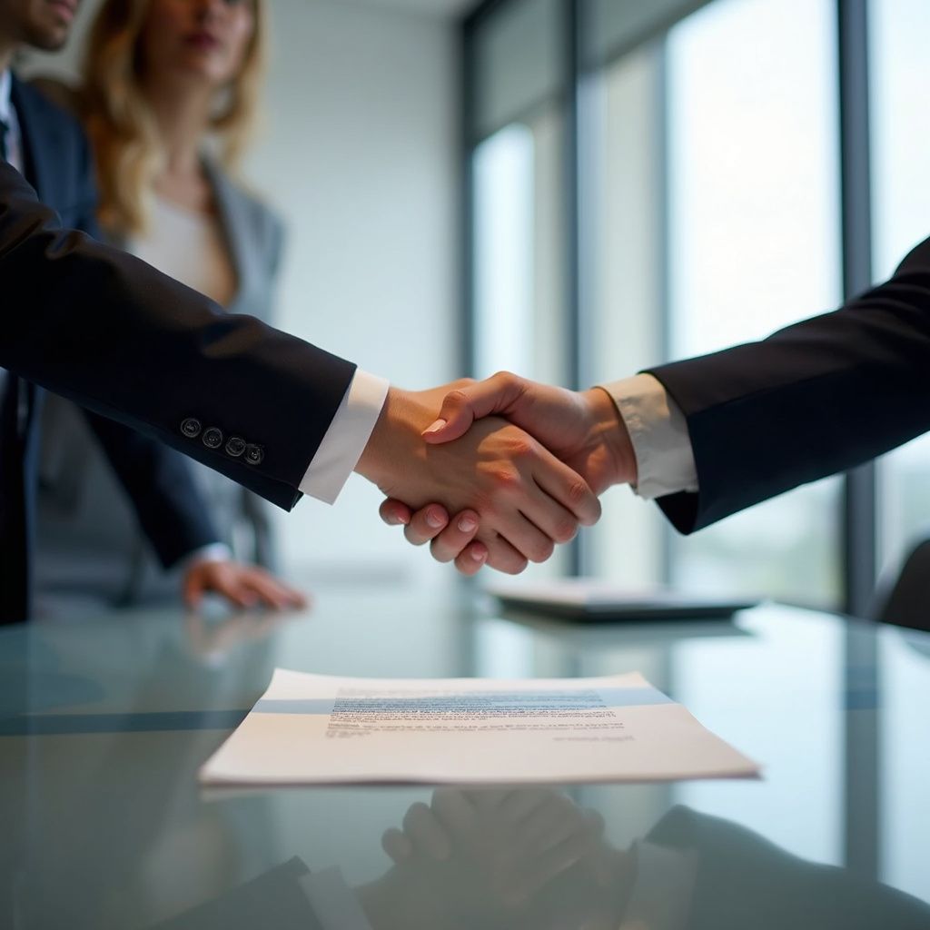 Two business people shaking hands over a contract on a table, other people in the background.