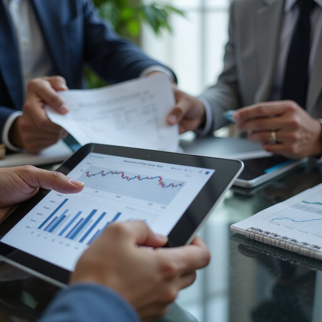 Business people reviewing financial charts on a tablet and documents during a meeting.