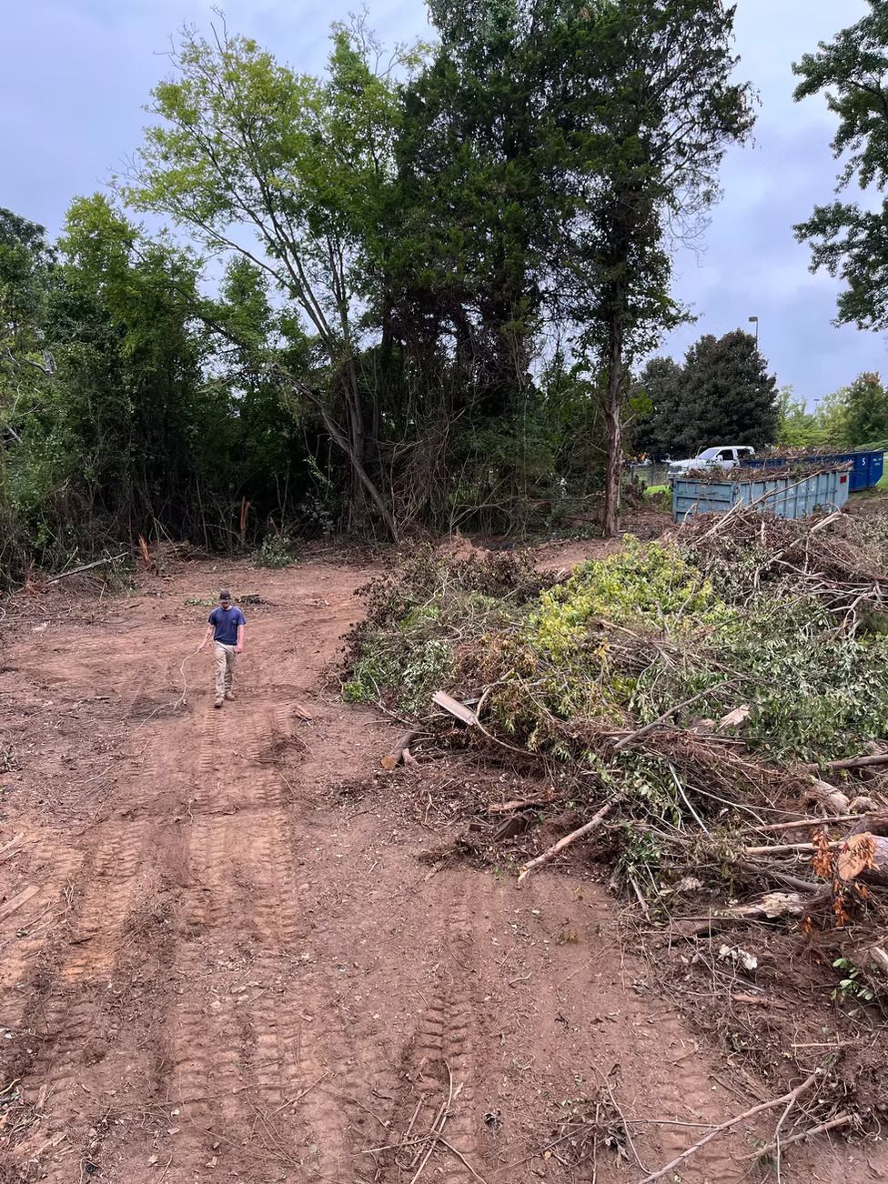 Man walks on a dirt path toward a brush pile and container surrounded by trees, overcast day.