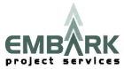 A logo for embark project services with an arrow pointing up.