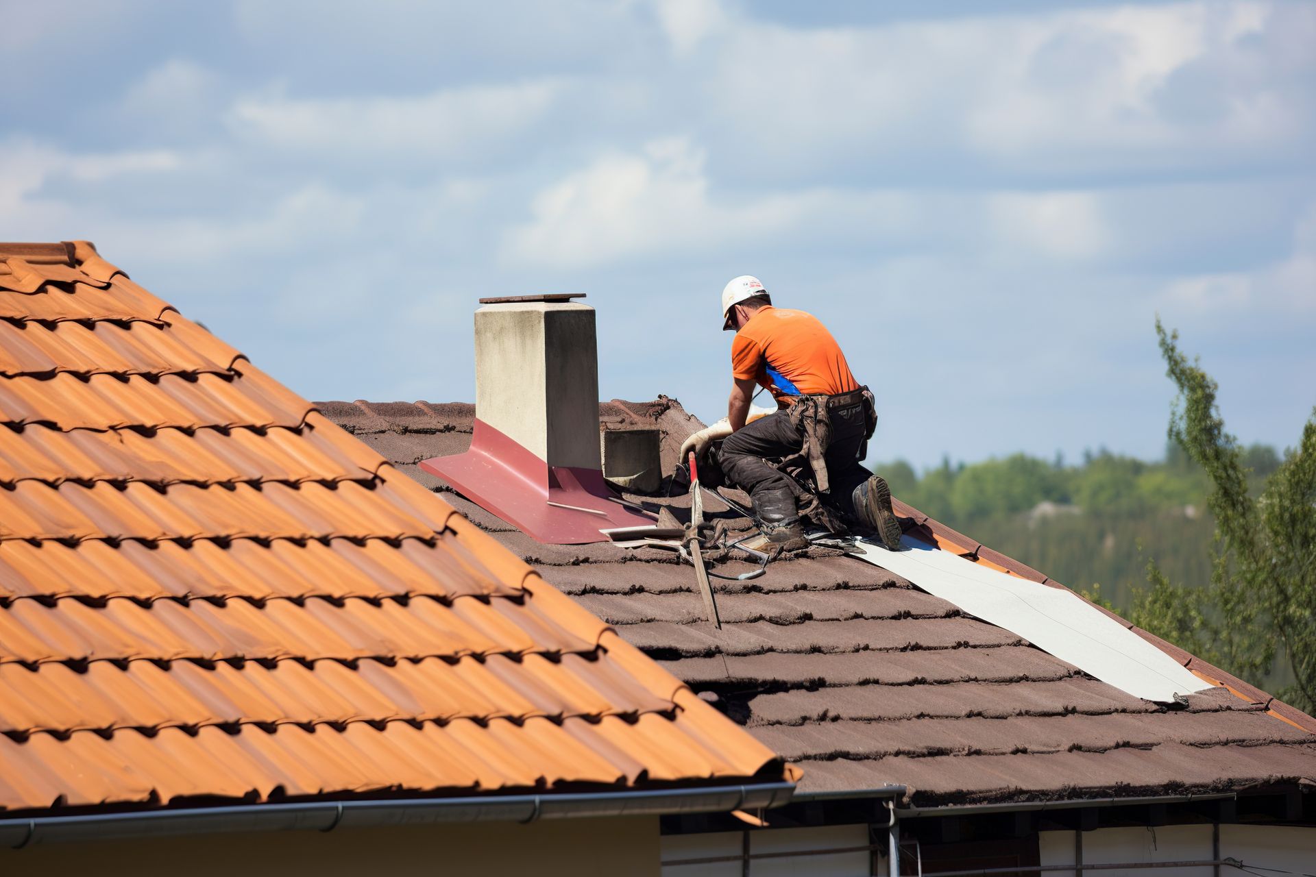 Roofer on a roof with orange tiles, repairing shingles near a chimney on a sunny day.