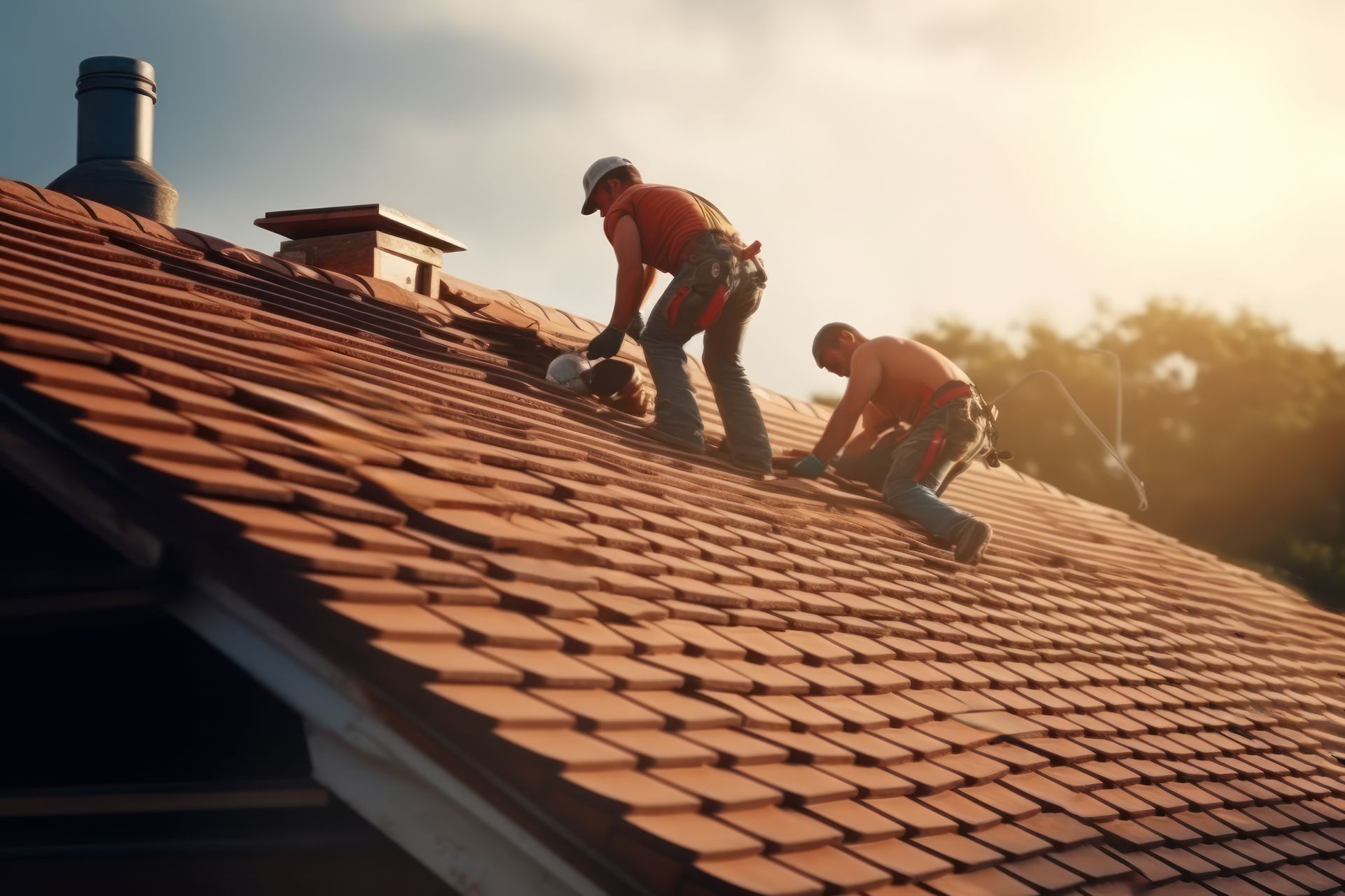 Two roofers in orange safety gear working on a terracotta tile roof, near a chimney, with a bright sky.
