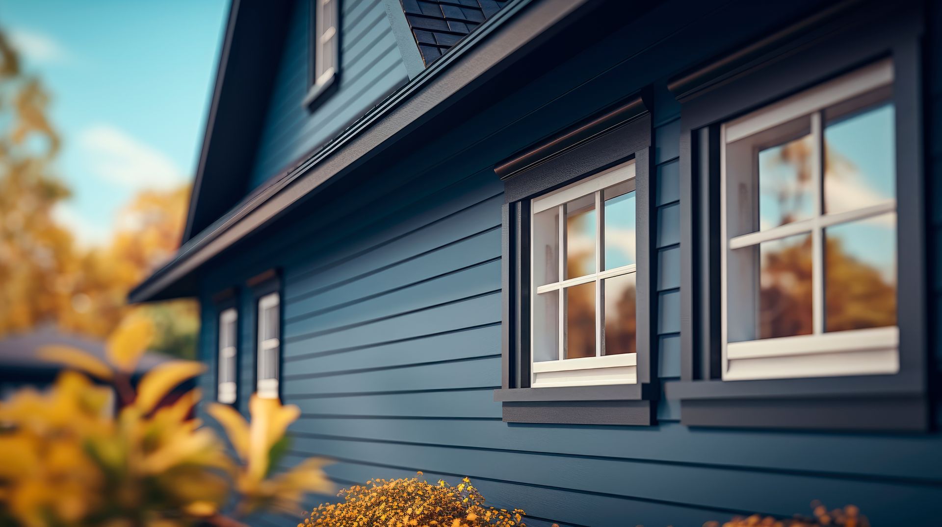 Blue-sided house with black trim, white windows, and autumn foliage in the foreground.