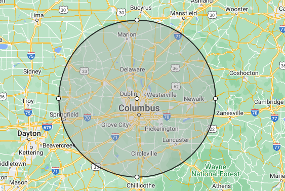 A map of columbus ohio with a circle around it.