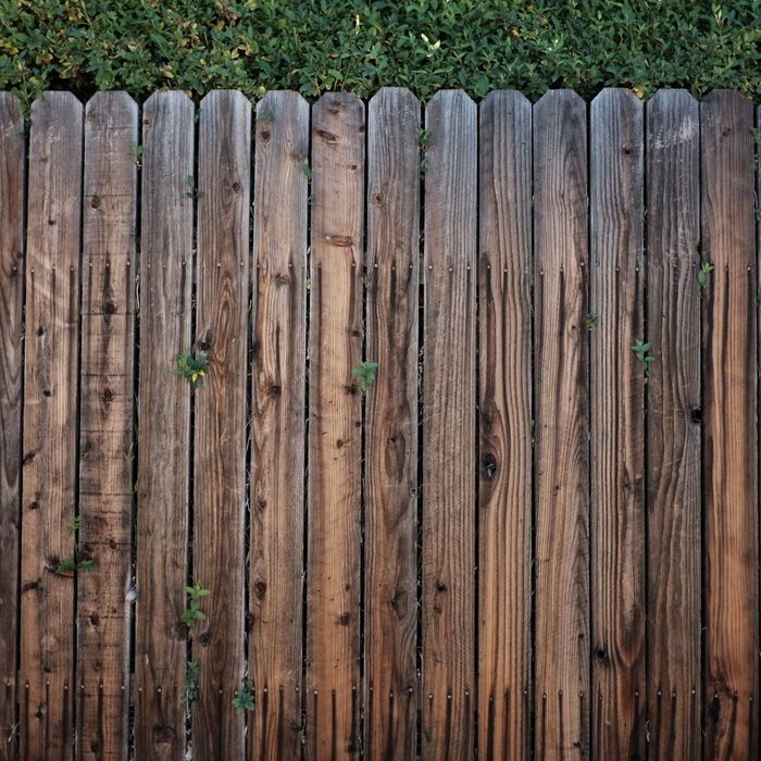 A wooden fence with a hedge in the background