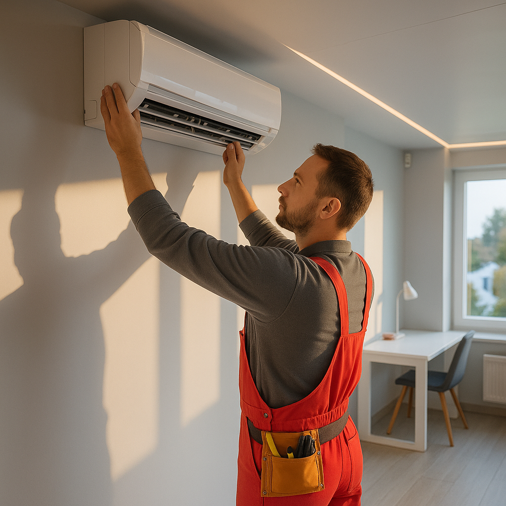 Technician installing a wall-mounted air conditioner in a bright room