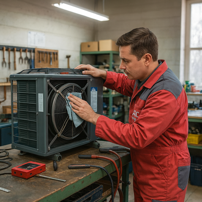 Technician in red uniform inspecting a large cooling unit on a workshop bench
