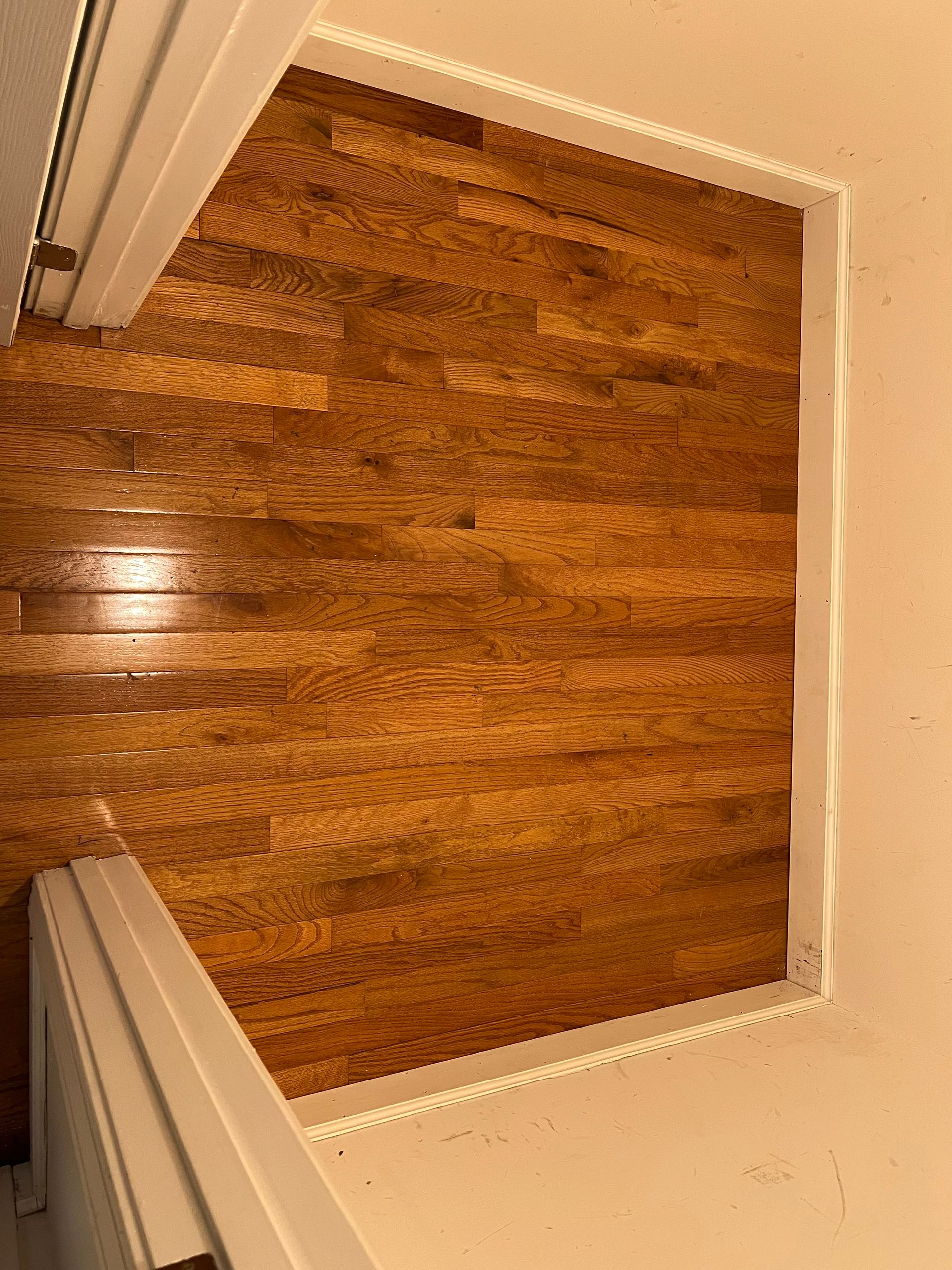Wooden floor framed by white door and trim; top-down view.