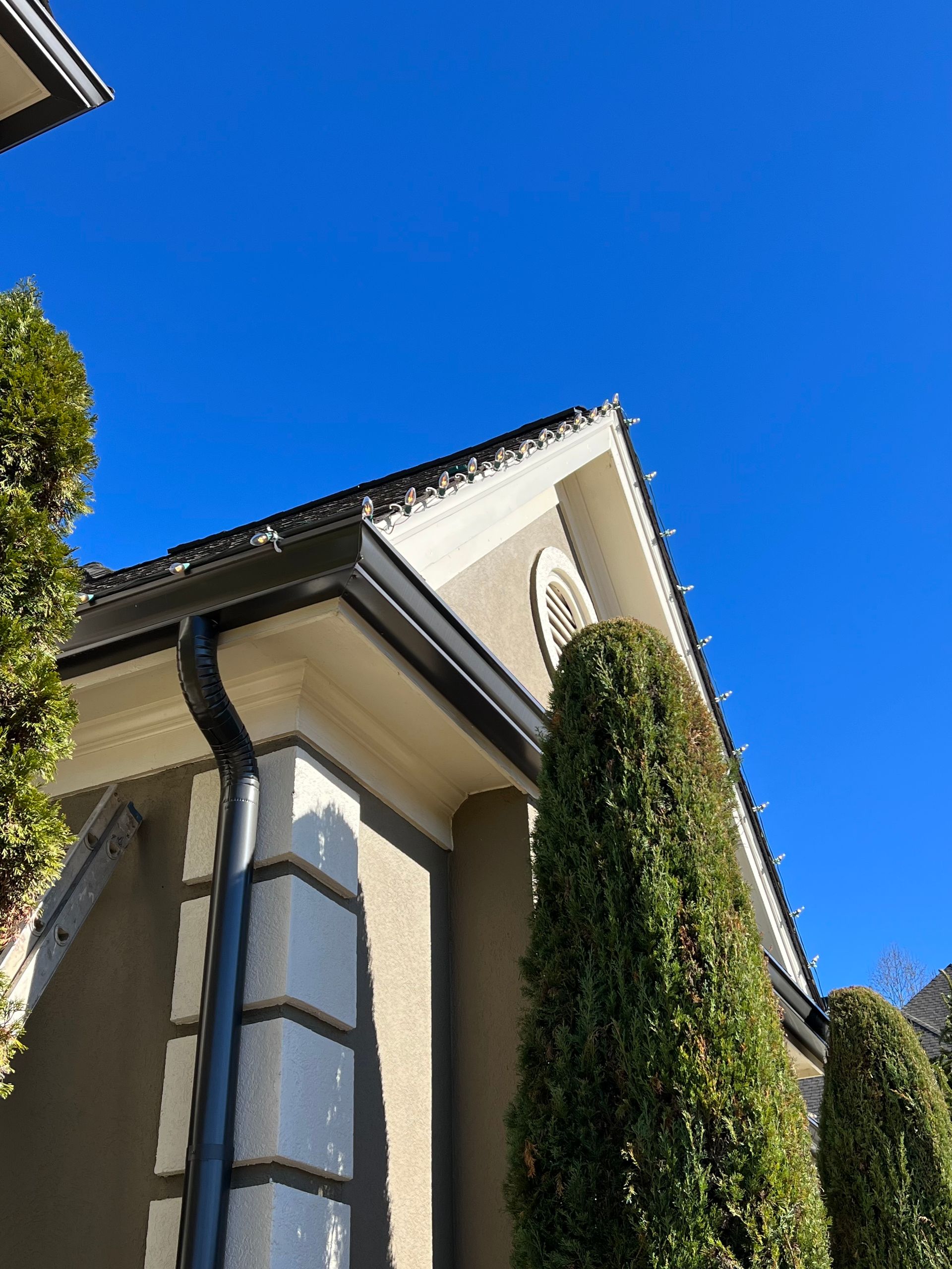 Tan building exterior with black gutters, a blue sky, and green trees.