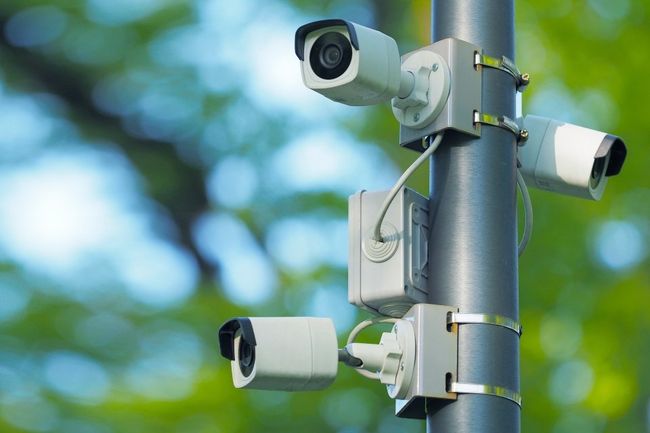 Multiple security cctv cameras installed on the pole