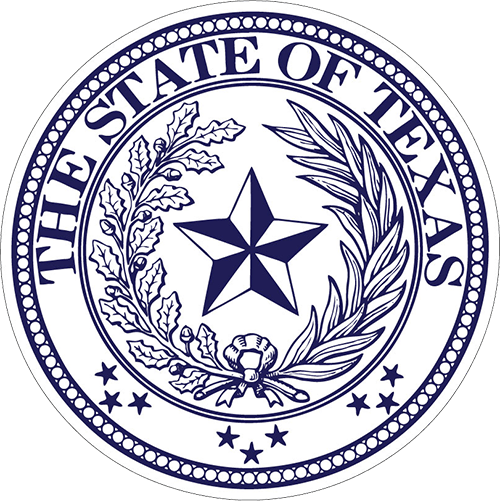 Seal of the State of Texas with a blue five-point star, wreath, and “THE STATE OF TEXAS” text.