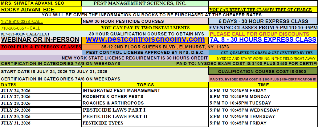 A schedule for a 30-hour pest control licensing course 
