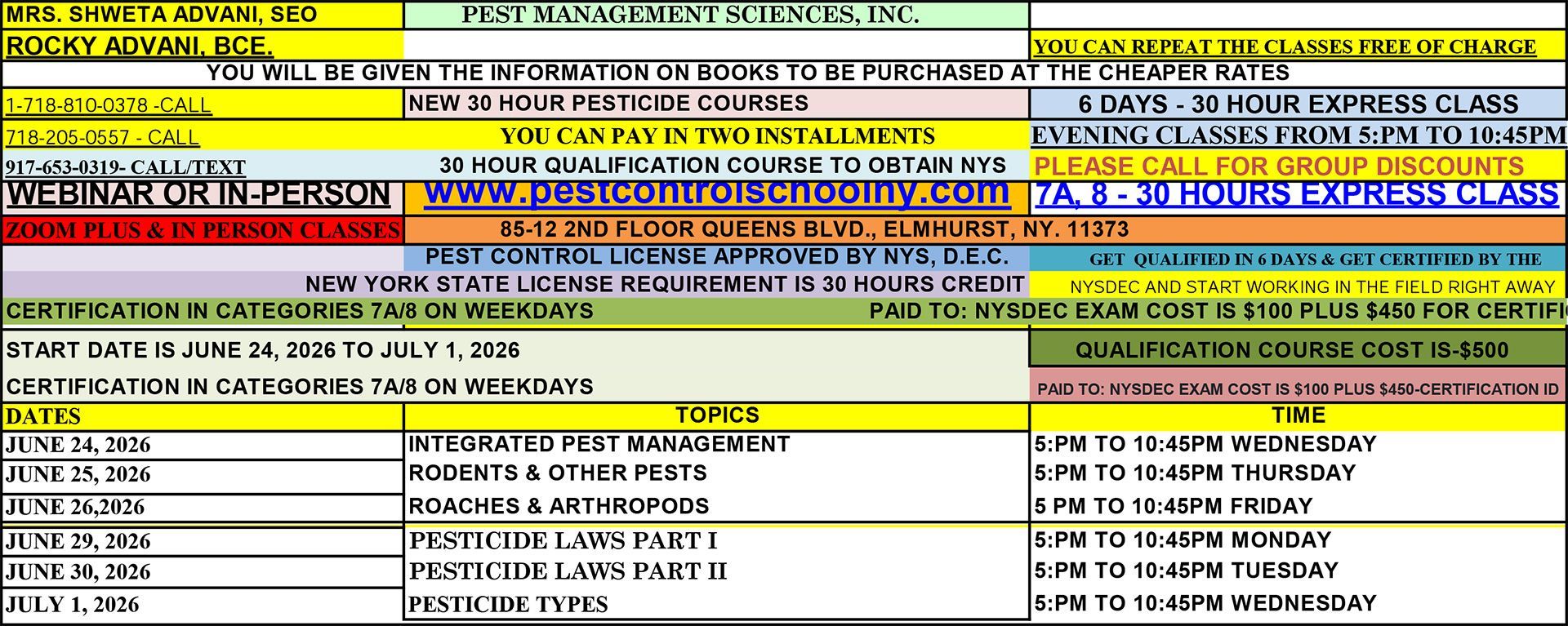 A schedule for a 30-hour pest control licensing course