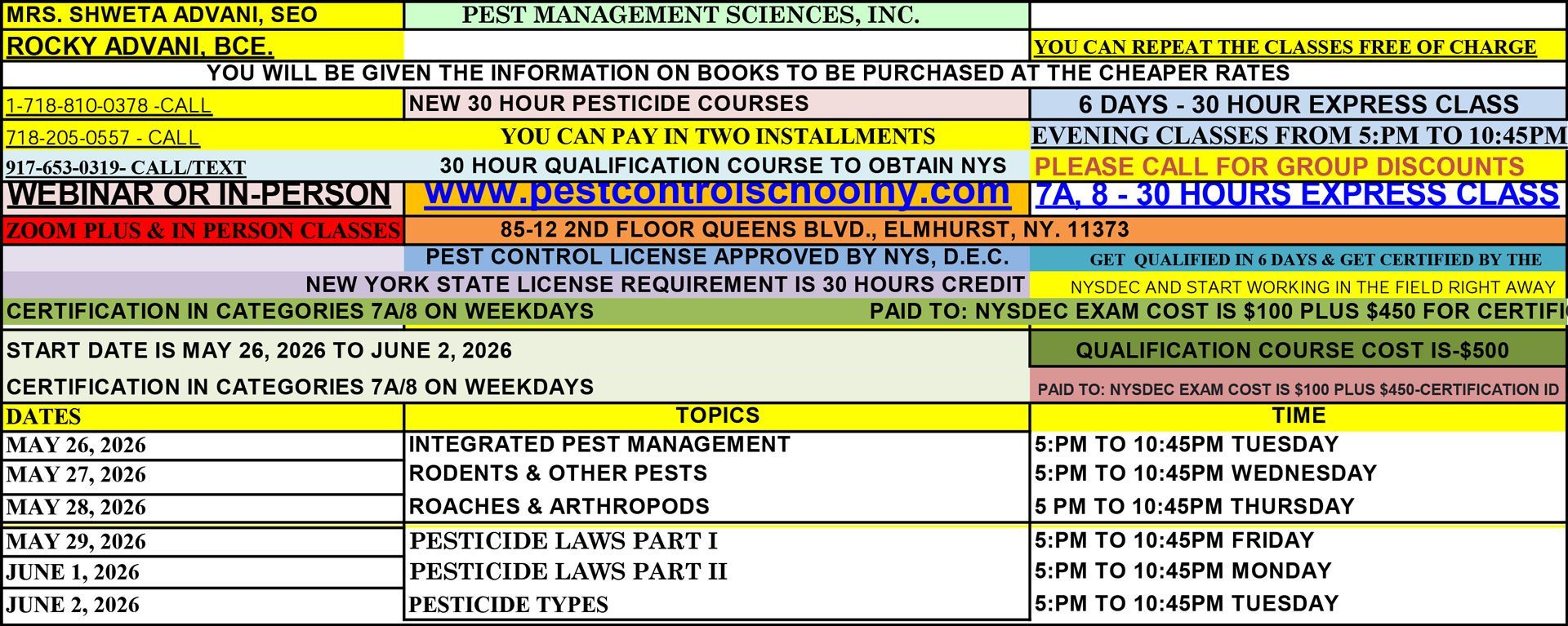 A schedule for a 30-hour pest control licensing course 