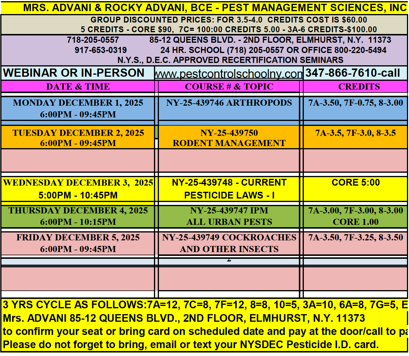 Pest management seminar schedule with dates, times, courses, and credits, in Elmhurst, NY.