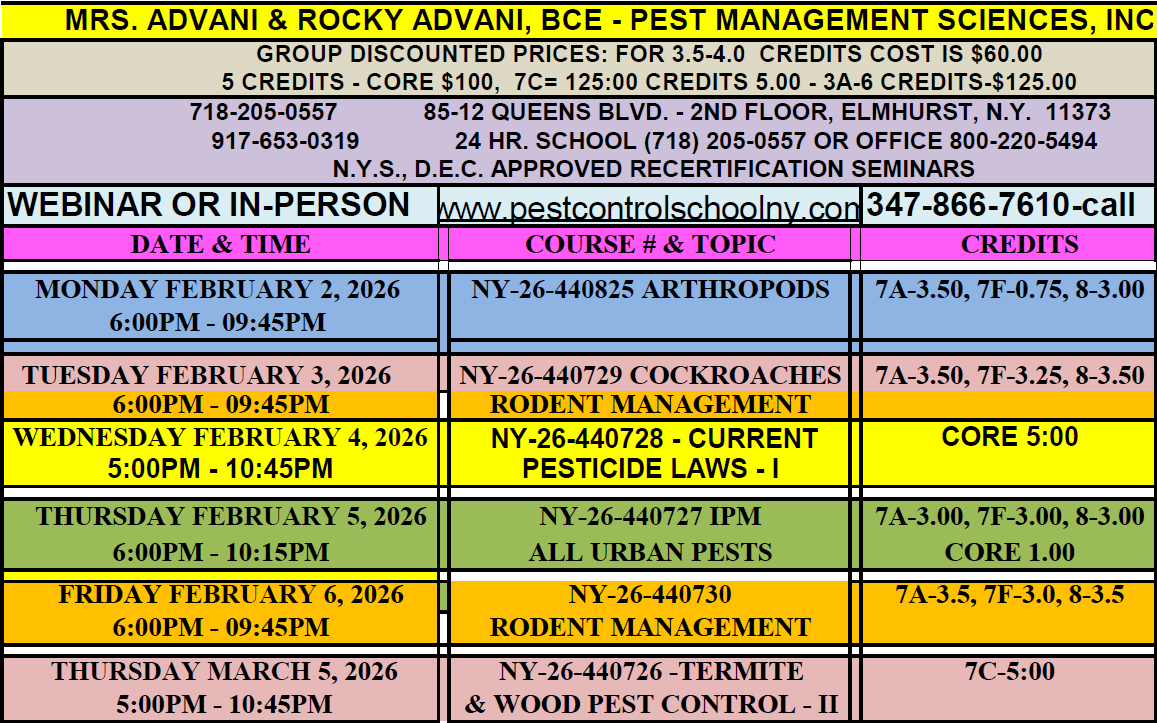 Pest management seminar schedule with dates, times, courses, and credits, in Elmhurst, NY.