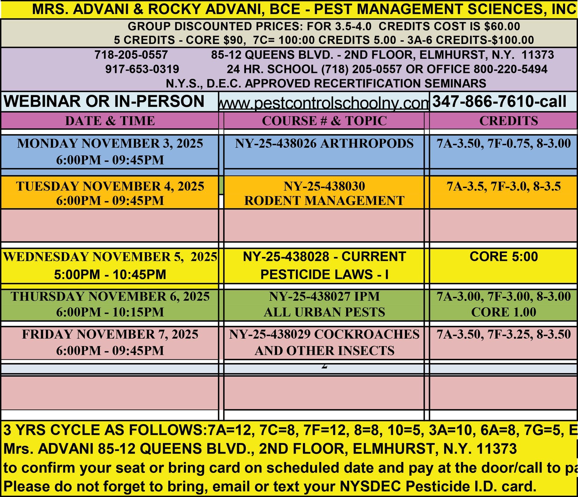 Pest management seminar schedule with dates, times, courses, and credits, in Elmhurst, NY.