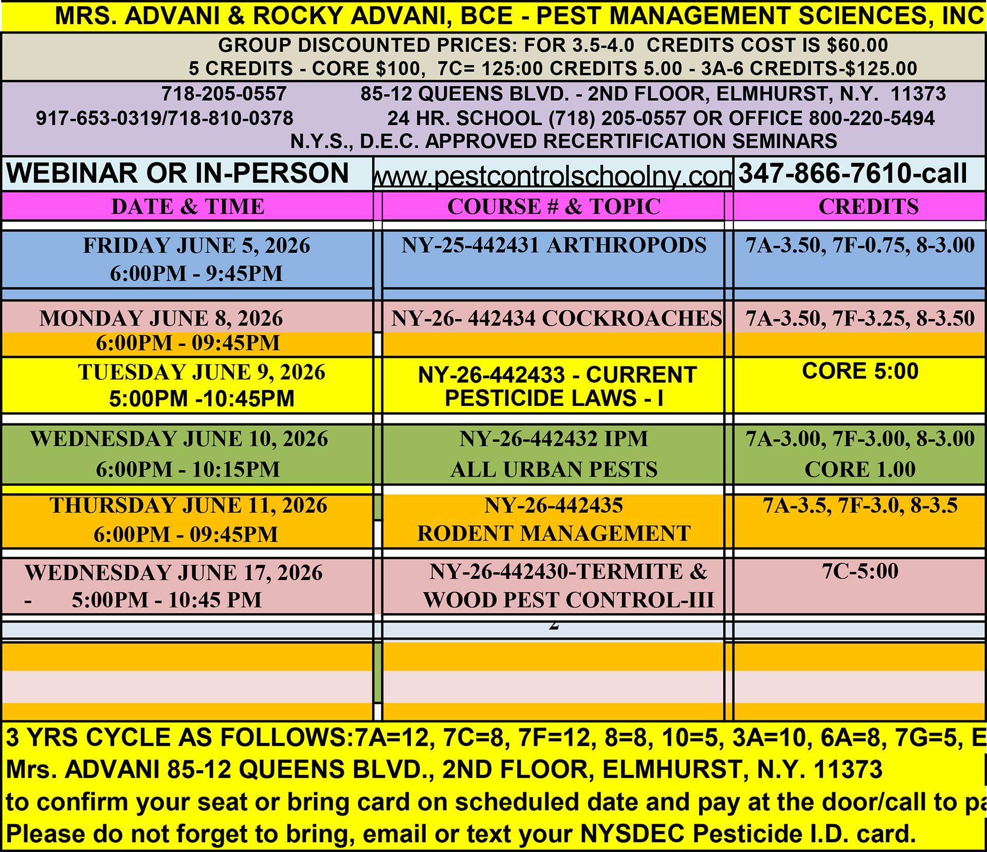Schedule for Pest Management Sciences NYS DEC approved recertification seminars, listing dates, topics, and credits.