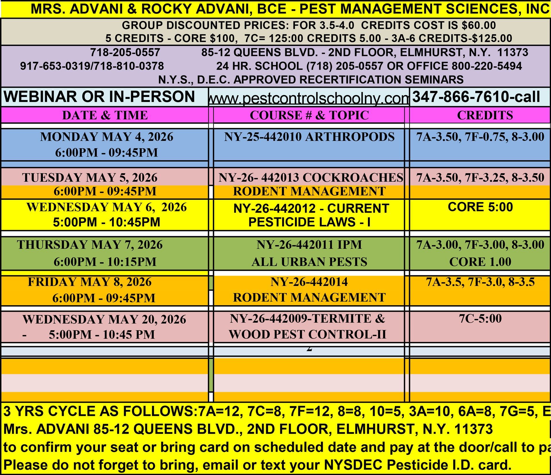 Schedule for Pest Management Sciences NYS DEC approved recertification seminars, listing dates, topics, and credits.