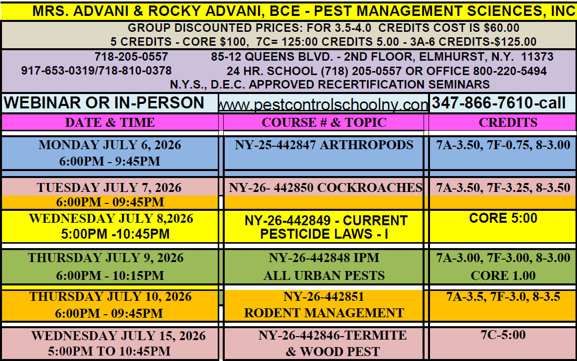 Schedule for Pest Management Sciences NYS DEC approved recertification seminars, listing dates, topics, and credits.
