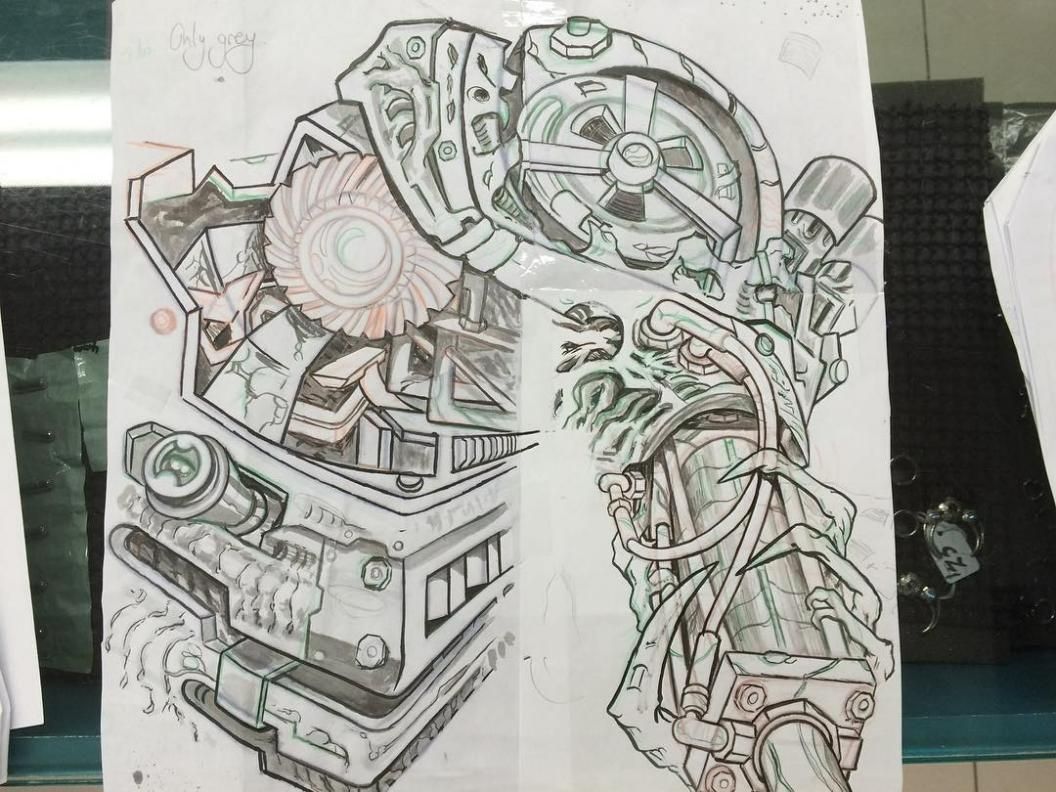 A Black and White Drawing of a Machine With a Wheel — La Bomba Loca Tattoo in Smithfield, QLD