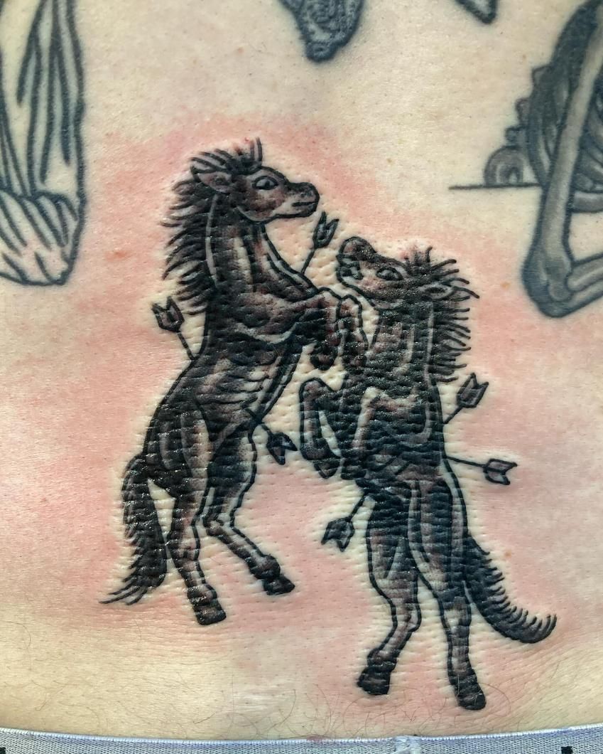 A Tattoo of Two Horses With Arrows in Their Mouths on a Person's Back — La Bomba Loca Tattoo in Smithfield, QLD
