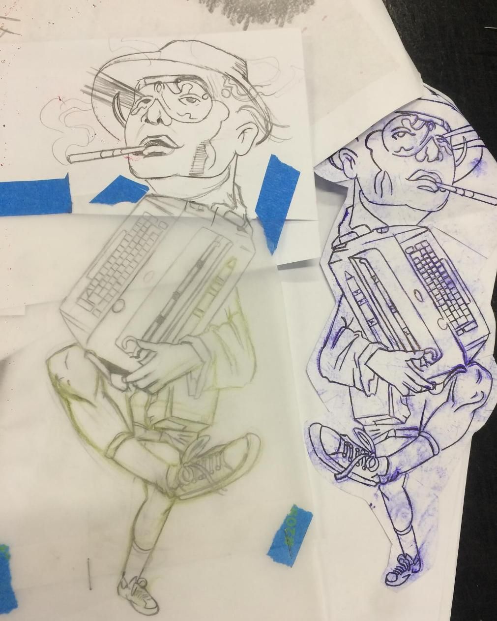 A Drawing of a Man Holding an Accordion and a Keyboard — La Bomba Loca Tattoo in Edmonton, QLD